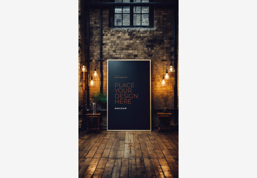 Modern Frame Poster Billboard Mockup in Room with Wooden Floors, Brick Wall, and Ambient Lighting - High-Quality Stock Image