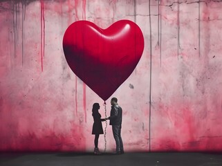 Valentine's Love: Romantic Couple Kissing with Heart-Shaped Red Balloon AI generated