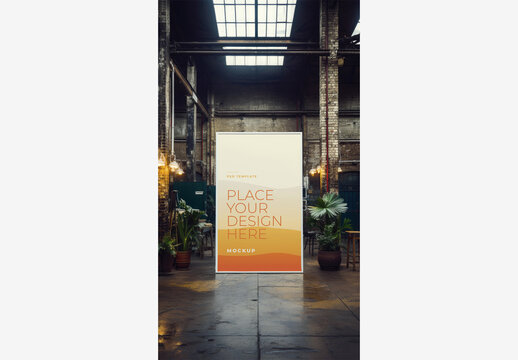 Large White Board in A Spacious Room with Plants and Potted Plants - Frame Poster Billboard Mockup with Exposed Ceilings and Abundant Natural Light