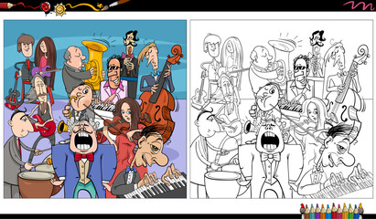crowd of funny musicians characters group coloring page