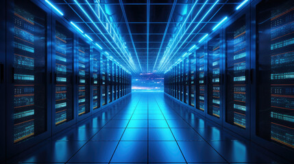 Fototapeta premium Stand with server hardware and lighting in the server room motion blur.