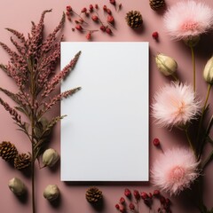 Autumn background with dried flowers, leaves and blank sheet of paper