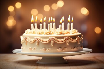 A birthday cake with lit candles and white frosting