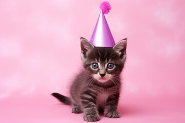 A cute kitten wearing a festive pink party hat