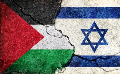 Foto op Plexiglas Israel vs Palestine  (War crisis , Political  conflict). Grunge country flag illustration (cracked concrete background) © barks