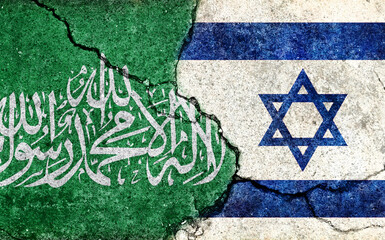 Israel vs Hamas  (War crisis , Political  conflict). Grunge country flag illustration (cracked concrete background)