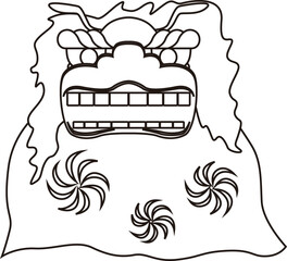 Traditional Japanese lion dance, line drawing, white paint