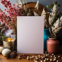 Autumn background with dried flowers, leaves and blank sheet of paper