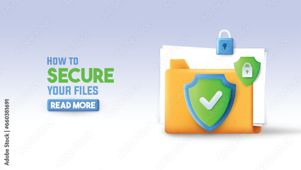 Poster online files protection 3d render illustration of a file folder with protection shield.