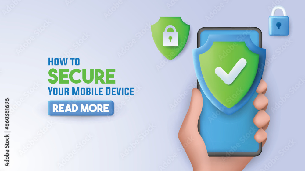 Poster web banner with 3d render illustration of a smartphone with protection shield