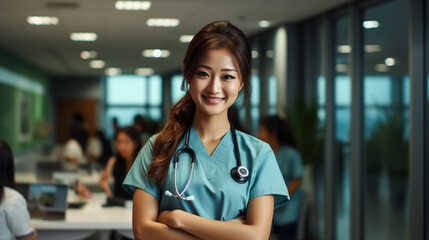 Portrait of a happy young doctor in uniform against the backdrop of the clinic. The doctor smiles and looks at the camera. A handsome and satisfied medical worker looks at the camera. AI generative
