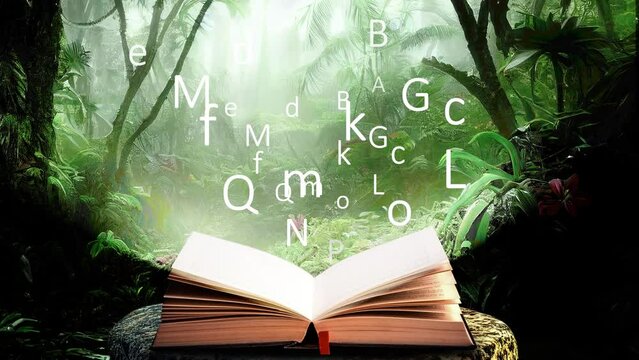 Magical Book with Alphabet Letters and Glowing Light in Nature Background. Fantasy Stories. Bible Fairytale and Education Concept Animation 