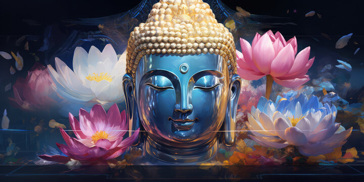Glowing golden Buddha face with a lotuses flower