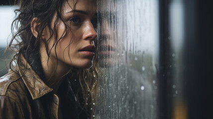 portrait of a beautiful brunette girl who got wet in the rain and leaned her face against the window with raindrops running down it - Powered by Adobe