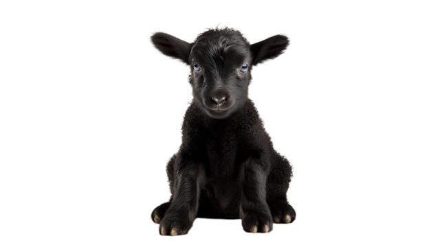 Front view. Black Lamb 8 weeks old. Isolated on Transparent background.