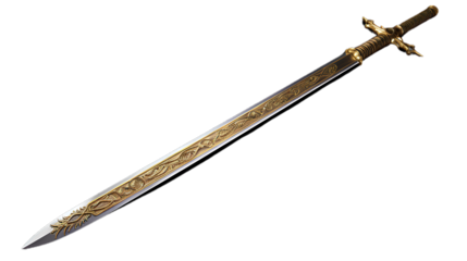 Full Golden Old Sword. Isolated on Transparent background.