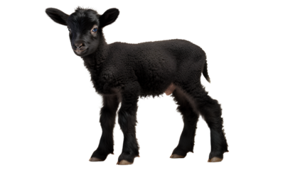 Side view. Black Lamb 8 weeks old. Isolated on Transparent background.