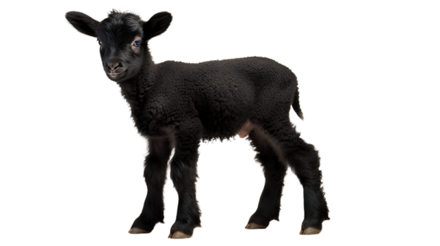 Side view. Black Lamb 8 weeks old. Isolated on Transparent background.