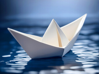 Paper boat sailing on blue water surface - 660383206