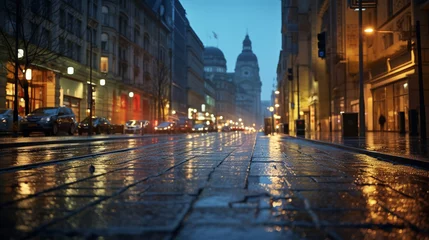 Fotobehang empty wet illuminated street of the old night city © MYKHAILO KUSHEI