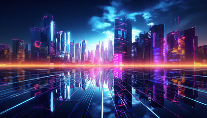 A 3D representation of a neon-lit metropolis, with reflections of lights glistening in puddles on the streets, all converging towards towering buildings