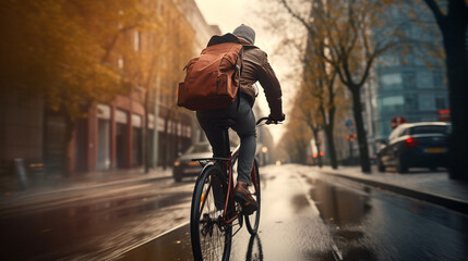 a guy on a bicycle in a jacket and hat and with a backpack rides on a wet city street - obrazy, fototapety, plakaty