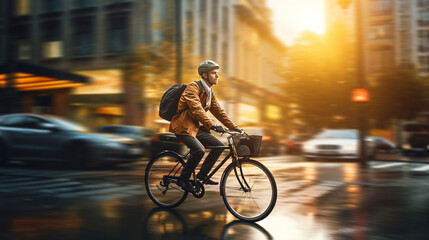 a guy on a bicycle in a jacket and hat and with a backpack rides on a wet city street - obrazy, fototapety, plakaty