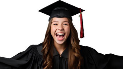 Happy And Excited Portrait Of young woman graduating. Isolated on Transparent background.