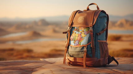 an old traveler's backpack with a world map painted on it, the backpack is standing on a rock and the desert in the background