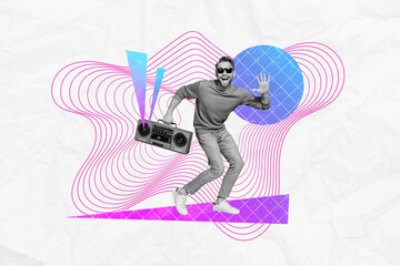 Fototapeta premium Creative composite photo collage of funny cool man in sunglass hold boombox say hello came to party isolated on painted background