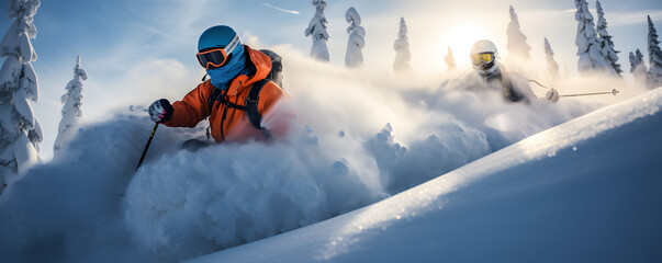skieur en train de faire du hors piste dans de la poudreuse - sports d'hiver à la neige - obrazy, fototapety, plakaty