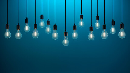 Mock up of hanging light bulbs with one glowing - obrazy, fototapety, plakaty