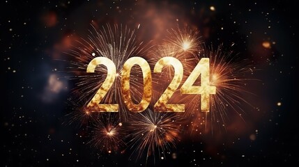 Happy New Year 2024. Beautiful creative holiday background with fireworks and Sparkling font 2024 - obrazy, fototapety, plakaty