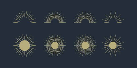 Sunburst set. Big collection sunburst best quality. Sun rays. Radial sunset beams. Fireworks. Vector illustration.
