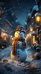 Snowman Wearing Hat and Scarf . Soft Snow is Falling on that Magical Winter Evening.