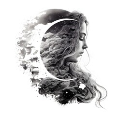 double exposure shot front profile of a beautiful girl with long wavy hair filled with a crescent moon and stars character design 