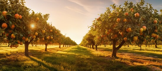 Sunlit autumn orchard with fruit trees With copyspace for text - obrazy, fototapety, plakaty