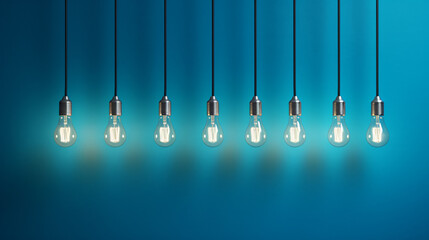 Mock up of hanging light bulbs with one glowing