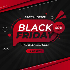 Black Friday Sale With Red Black Banner With Discount Up to 50% off . Special Offer. This Weekend Only. Vector illustration.