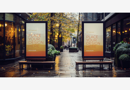 City Street Scene with Empty Benches, Lush Plants, and Vibrant Lights - Frame Poster Billboard Mockup