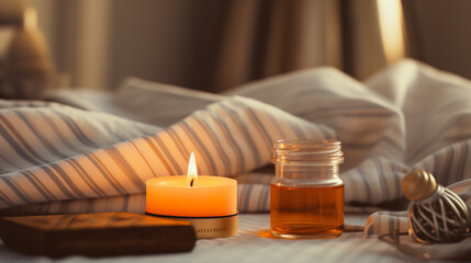 one lighted candle next to a clear glass bottle of aromatic essential oil on the bed in a room with nice bedding