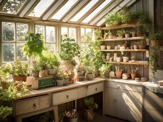 Cozy scandinavian style potting shed interior photo, indoor greenhouse, sun-filled greenhouse