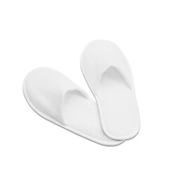 A pair of white disposable textile slippers on a transparent background. PNG. View from above - obrazy, fototapety, plakaty