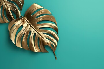 Set of bronze monstera leaves color on turquoise background, simple modern leaves background, simple modern wallpaper