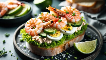 Appetizing Sandwich with Prawns, Egg, Salad and Lime