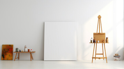 in a spacious white room, an empty white canvas for an as-yet-unpainted picture is propped against the wall, on one side is a wooden easel with paints and pencils, and on the other is a small bench - obrazy, fototapety, plakaty