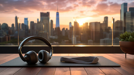 headphones on a yoga mat lying on the wooden floor of a balcony overlooking a modern city with many...