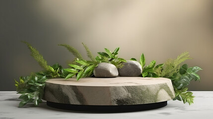 Mock up of stone and small plant forming a product 