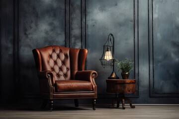 Retro leather armchair in the room, close-up of retro armchair in American building, American style