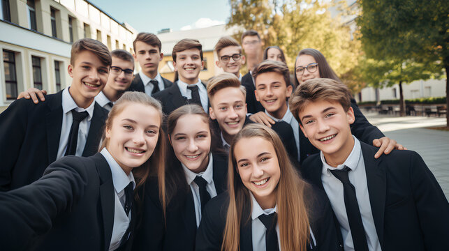 Group of school students stand outside in uniform in front of the school building